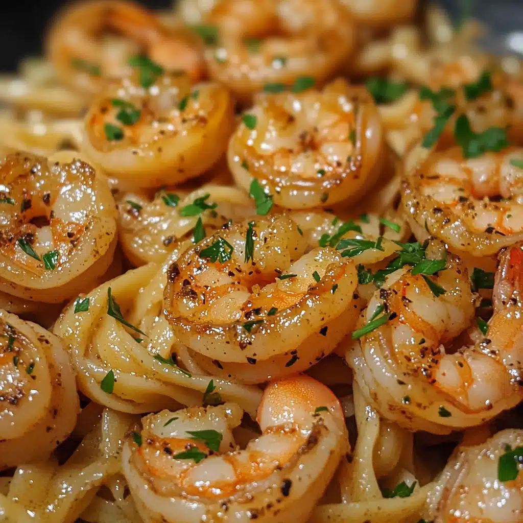 Garlic butter shrimp pasta with linguine in golden garlic sauce