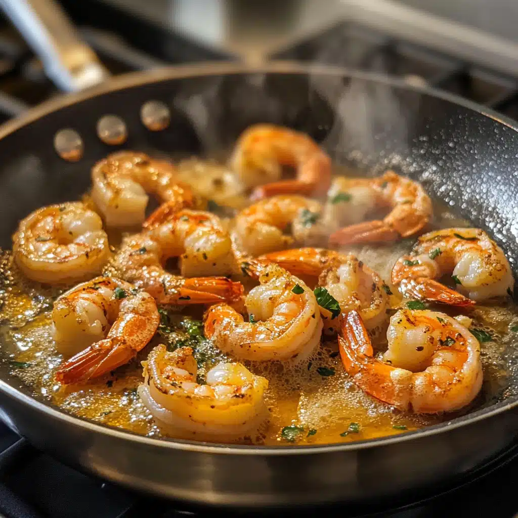 The Best Garlic Butter Shrimp Pasta: Quick, and Creamy 6 Shrimp cooking in garlic butter sauce in a skillet