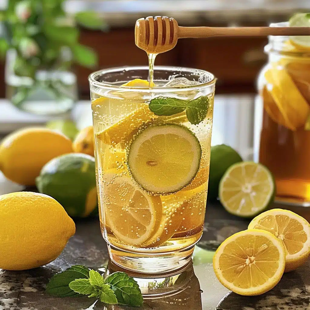 Natural Mounjaro Recipe drink made with honey, lemon, lime, and mint on a kitchen counter