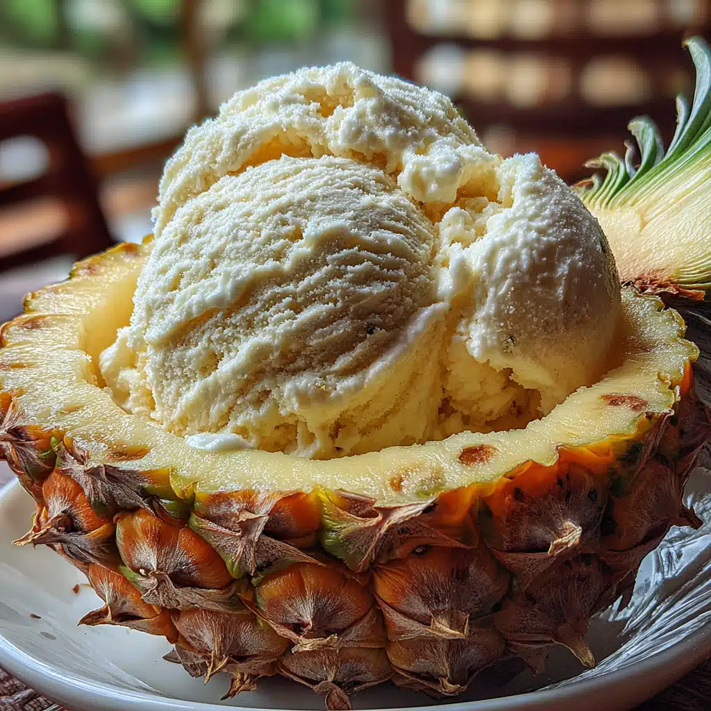 Pineapple coconut ice cream served in pineapple shell