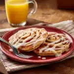 Cinnamon Swirl Pancake Recipe – The Irresistible Breakfast Treat You’ll Love 3 cinnamon swirl pancake recipe with icing drizzle on red plate