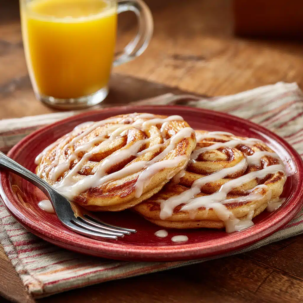 Home 1 cinnamon swirl pancake recipe with icing drizzle on red plate