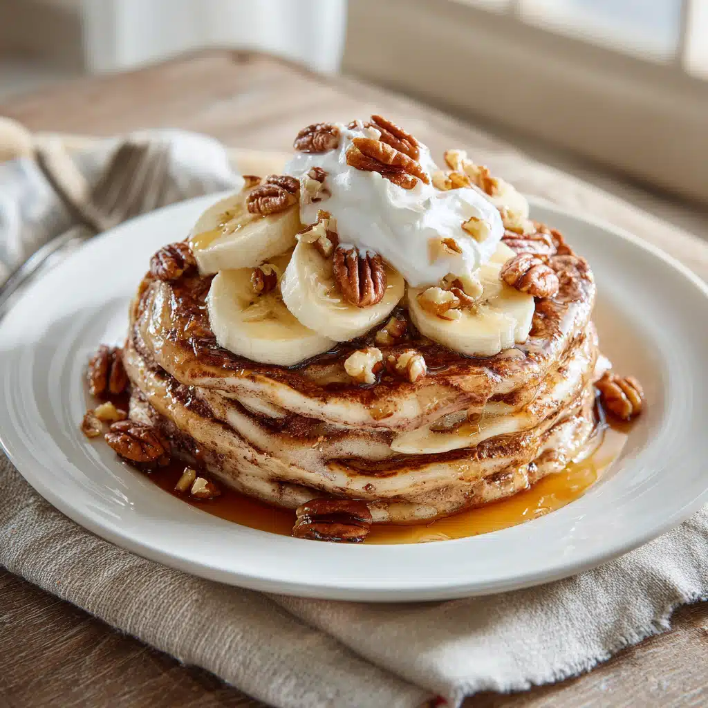 Cinnamon Swirl Pancake Recipe – The Irresistible Breakfast Treat You’ll Love 4 cinnamon swirl pancake recipe topped with bananas, nuts, and syrup