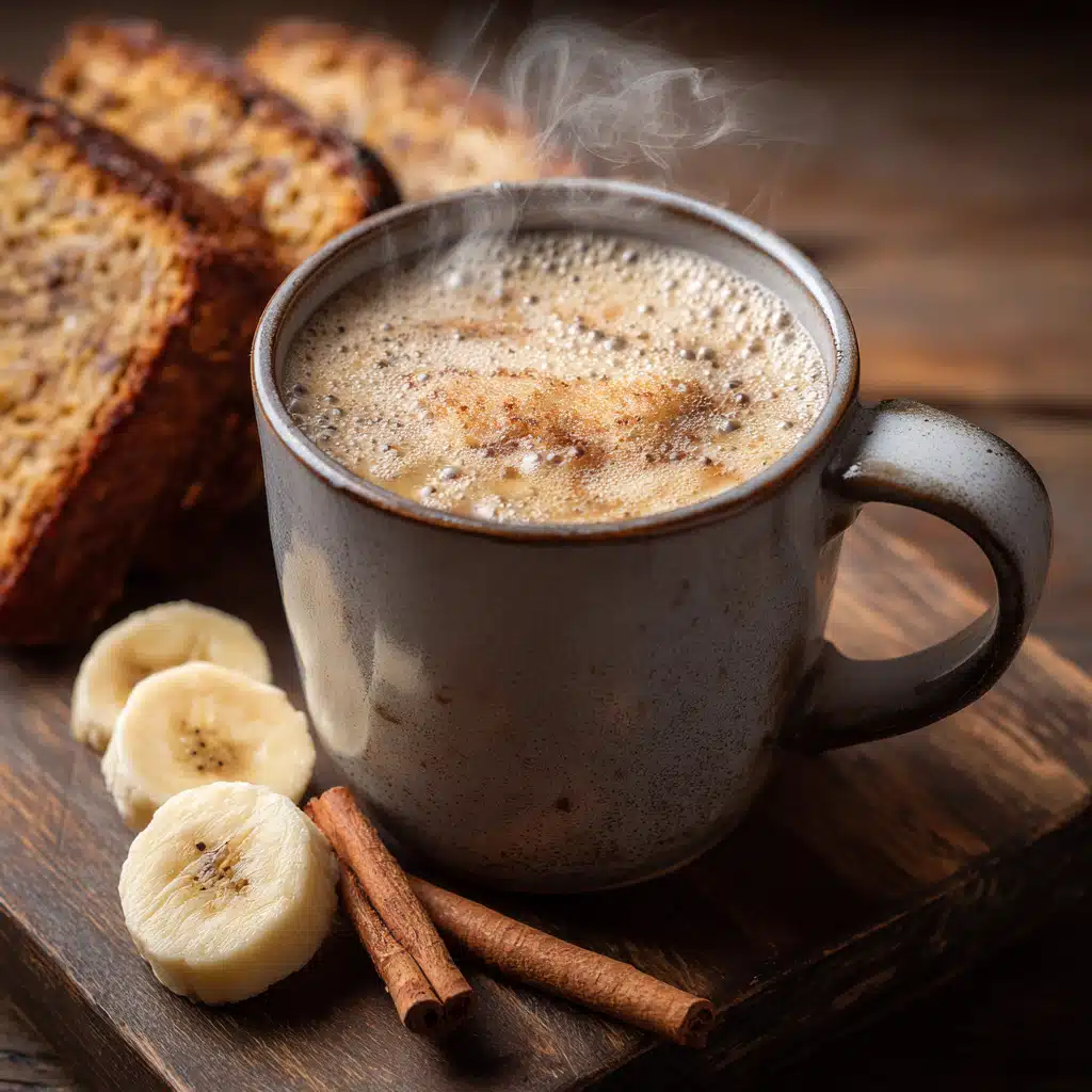 banana bread latte in ceramic mug with sliced banana bread