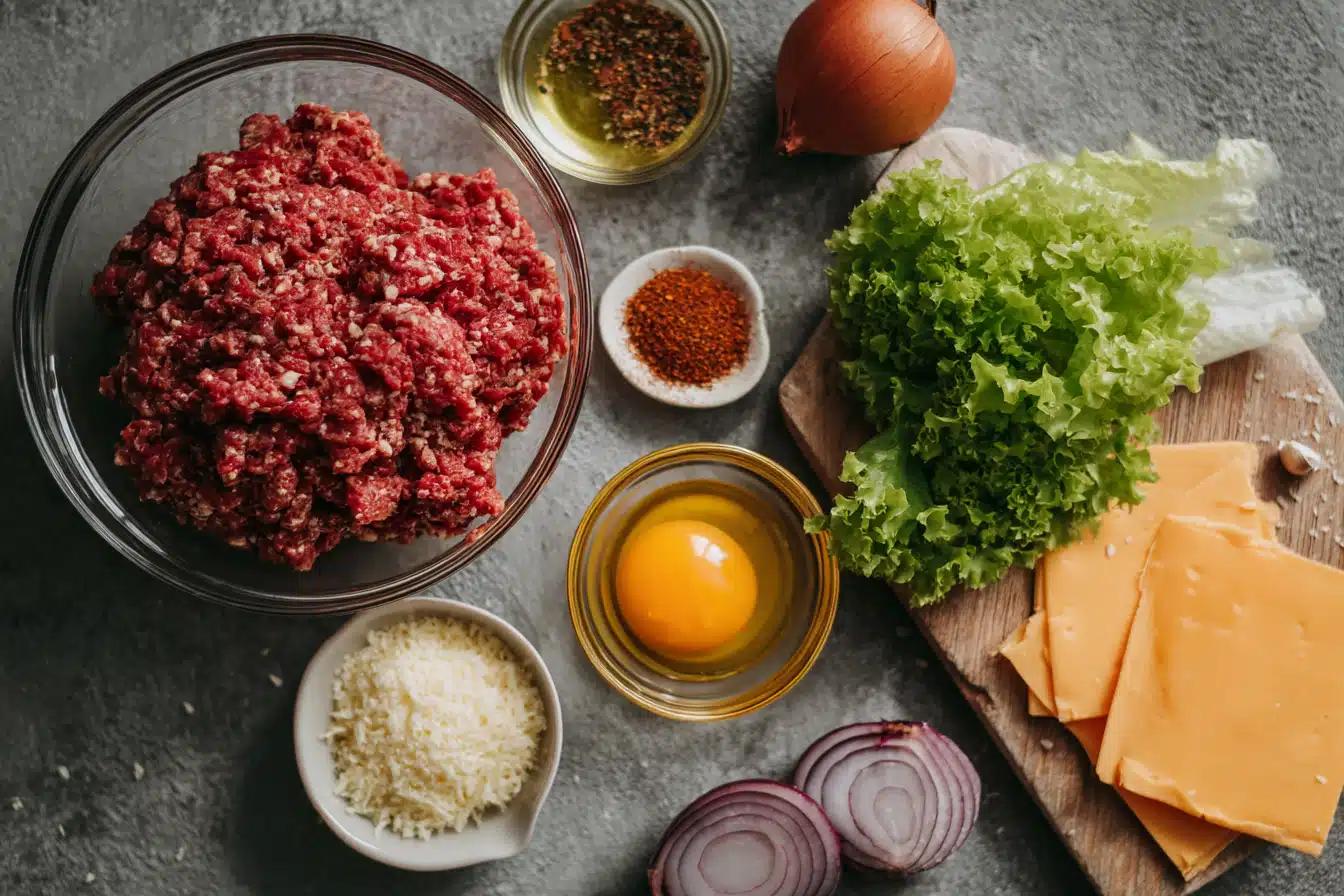 Flat lay of elk burger ingredients including ground elk, egg yolk, olive oil, shallot, spices, and fresh toppings on a rustic counter.