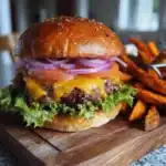 A juicy elk burger recipe with melted cheddar, lettuce, tomato, and sweet potato fries on a rustic wooden table.