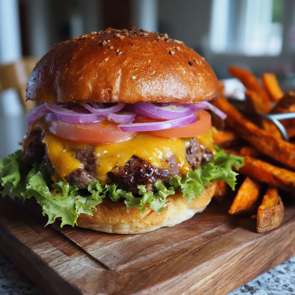 A juicy elk burger recipe with melted cheddar, lettuce, tomato, and sweet potato fries on a rustic wooden table.