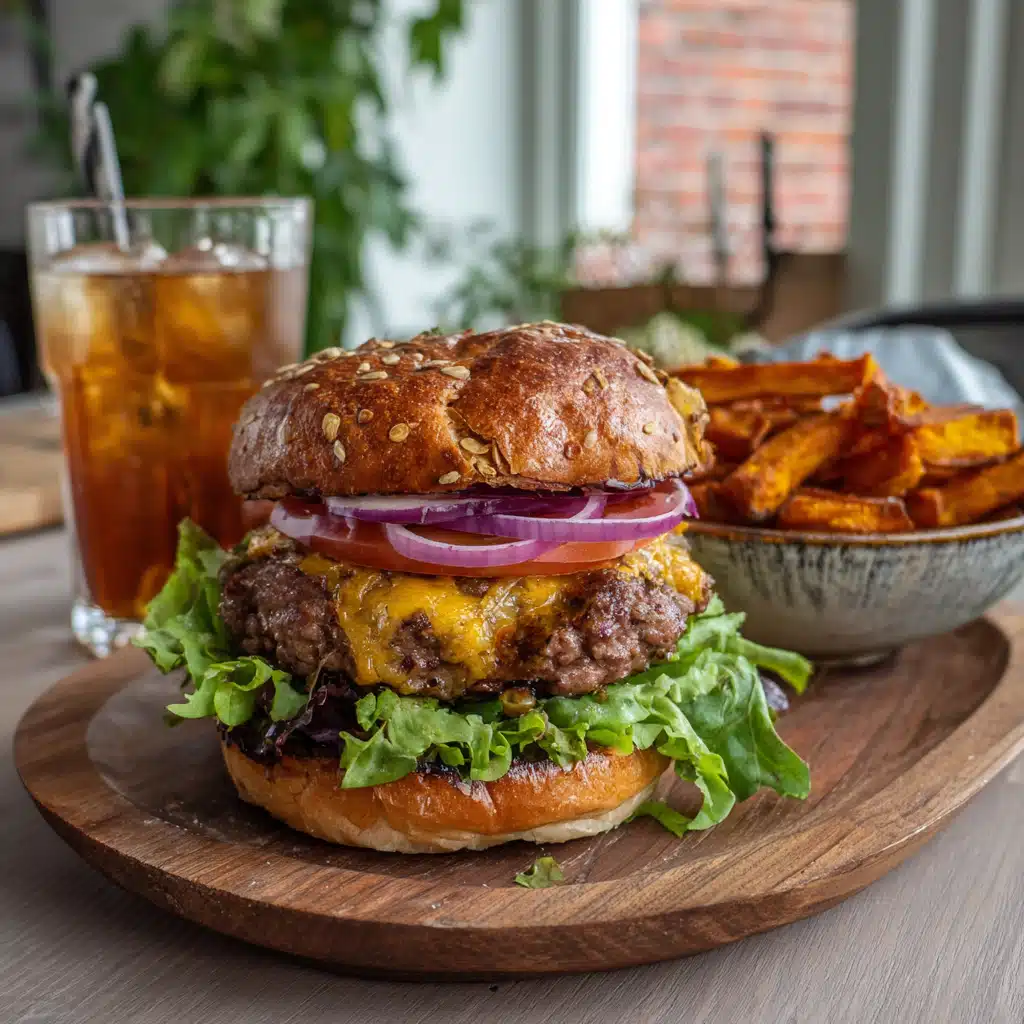 Elk burger with cheddar, lettuce, tomato, and sweet potato fries served on a ceramic plate with iced tea.