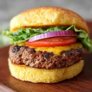 Juicy bison burger recipe with cheddar and toppings