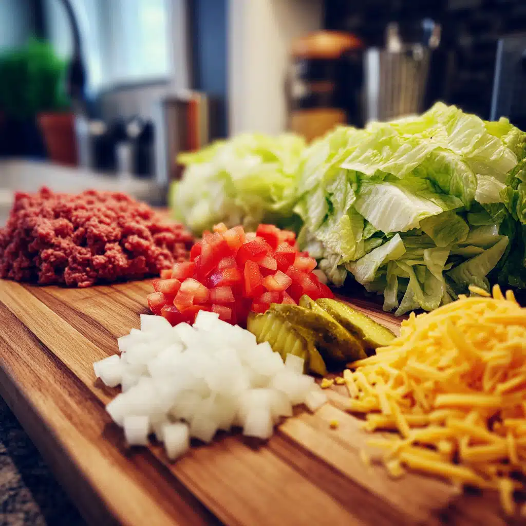 burger-bowl-recipe-ingredients Burger bowl recipe ingredients on a cutting board