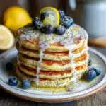 Fluffy lemon poppy seed pancakes stacked with glaze and berries