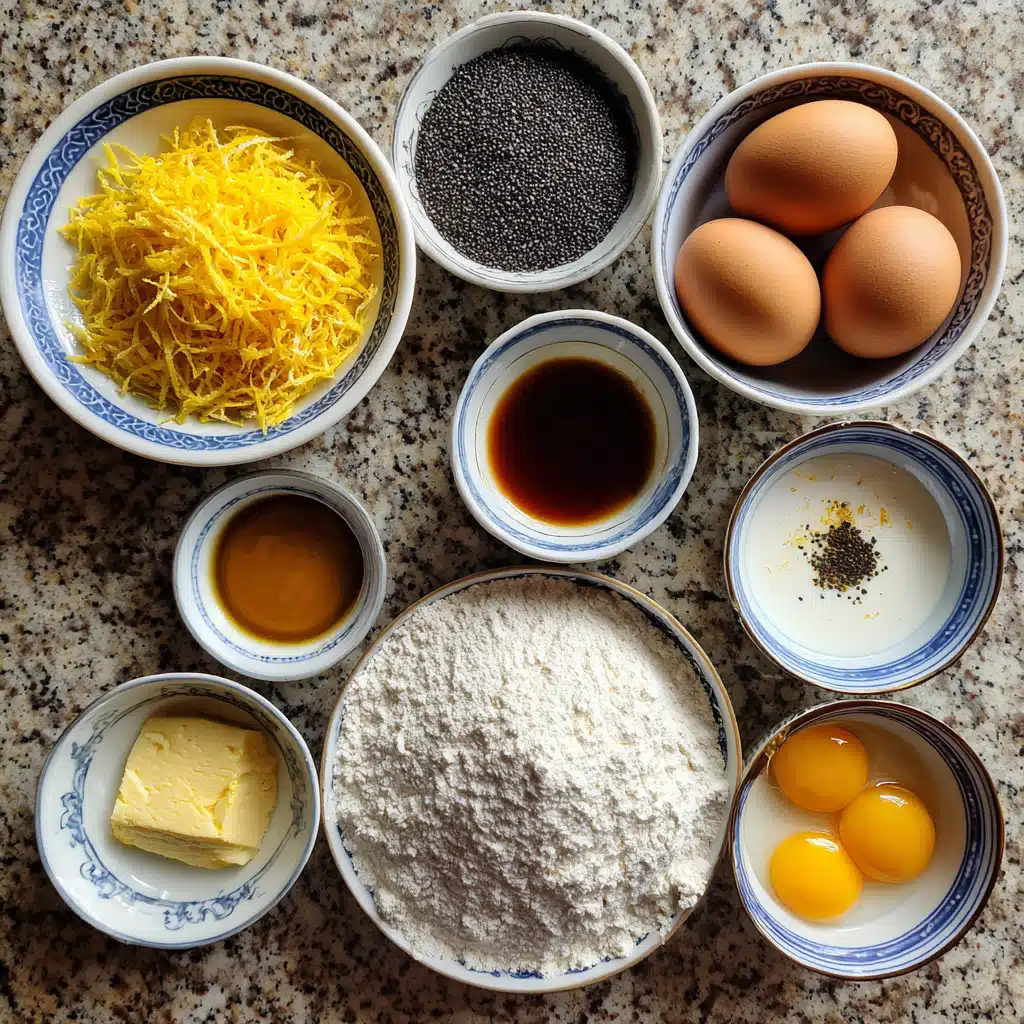 lemon-poppy-seed-pancakes-ingredients Ingredients for lemon poppy seed pancakes on white marble
