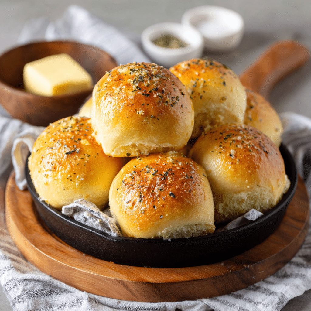 Golden Air Fryer Garlic Butter Dinner Rolls ready to serve