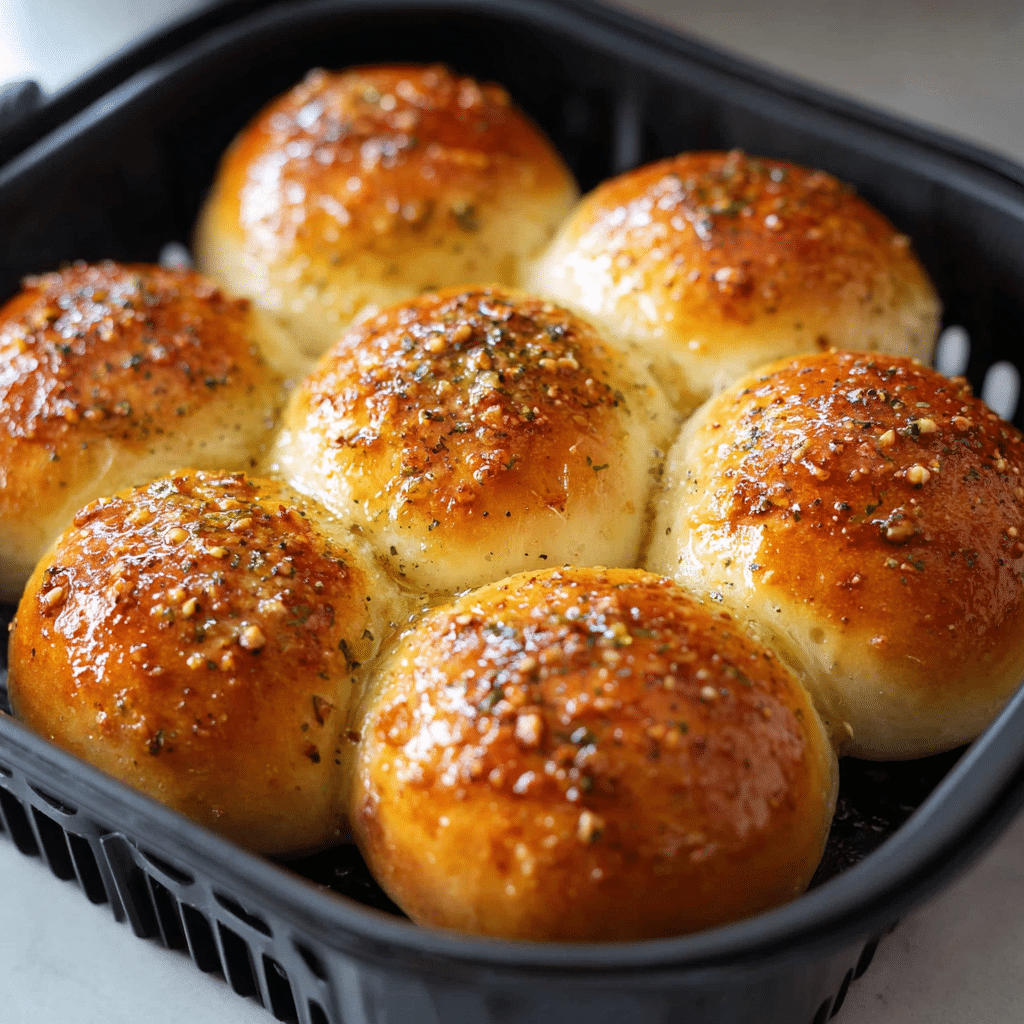 Air frying garlic butter dinner rolls in basket