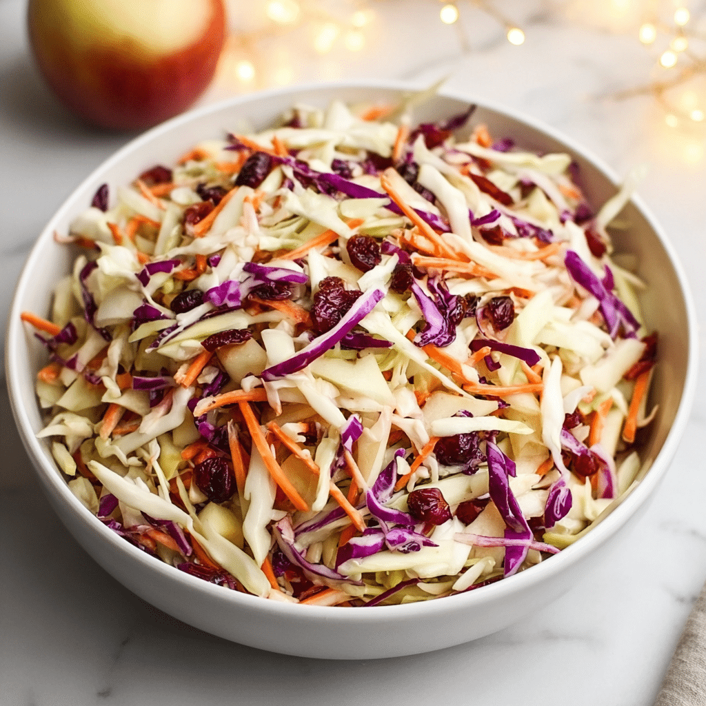 Colorful apple cranberry coleslaw in a ceramic serving bowl