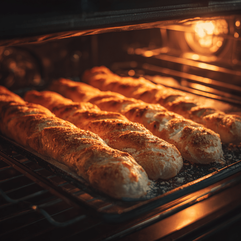 Golden Homemade Garlic Butter Breadsticks baking on a tray inside a home oven with light steam rising.
