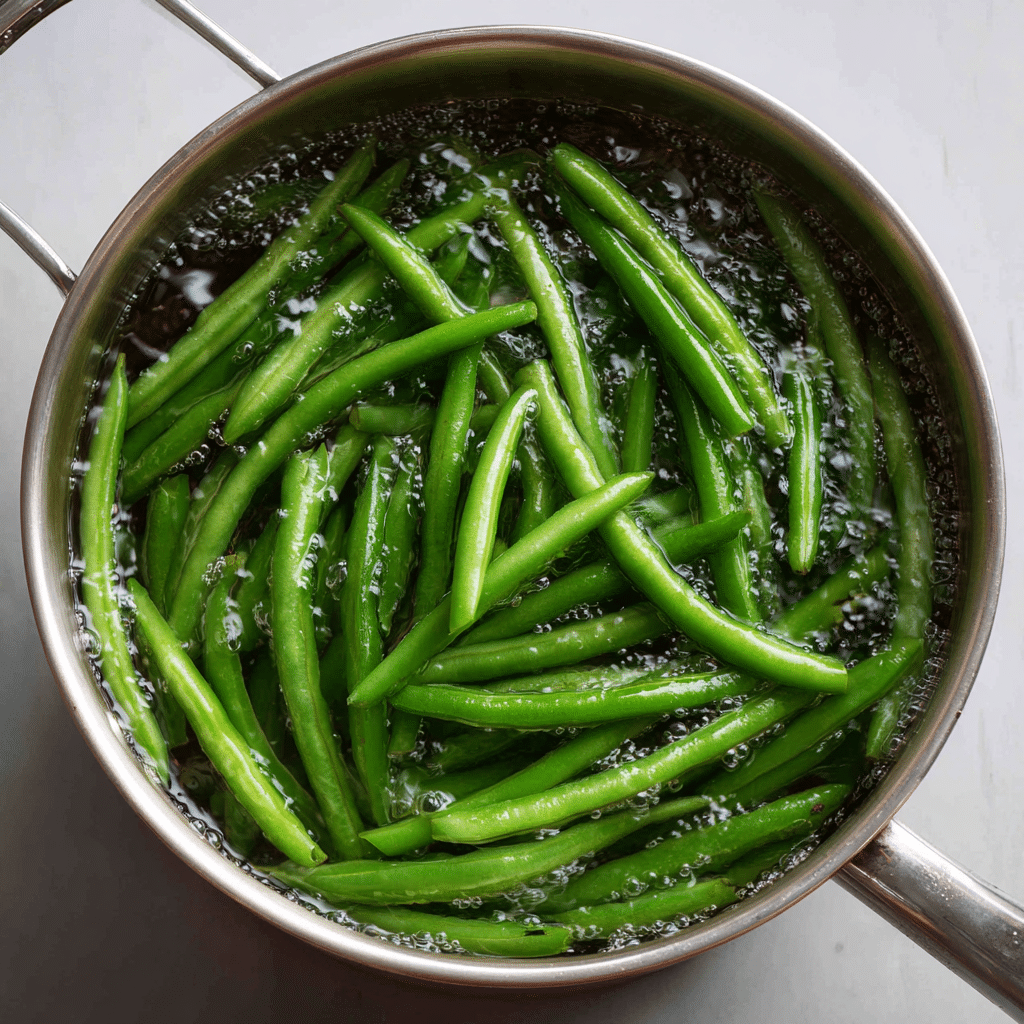 Blanching green beans in boiling water
