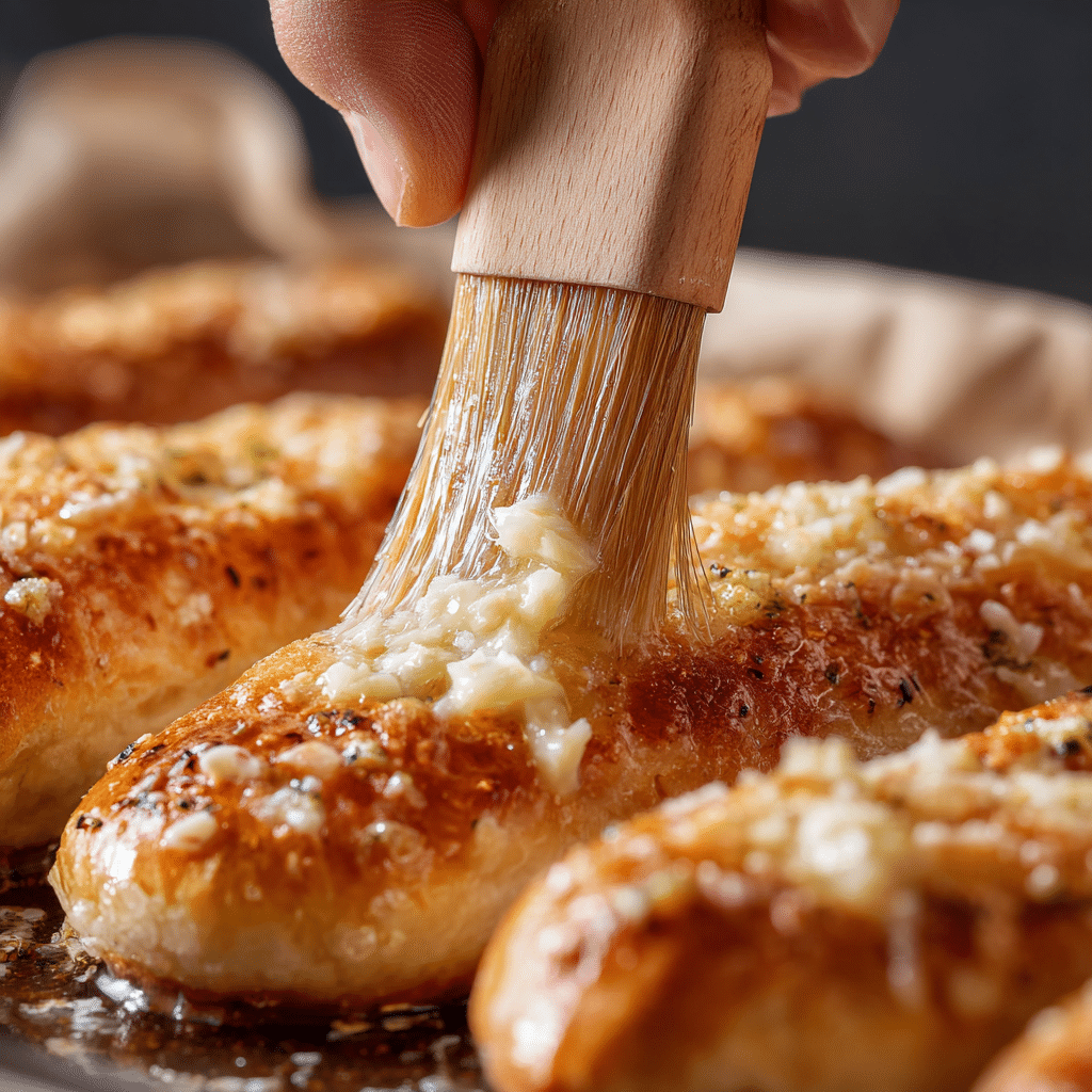 Hand brushing melted garlic butter over warm Homemade Garlic Butter Breadsticks on a baking tray.