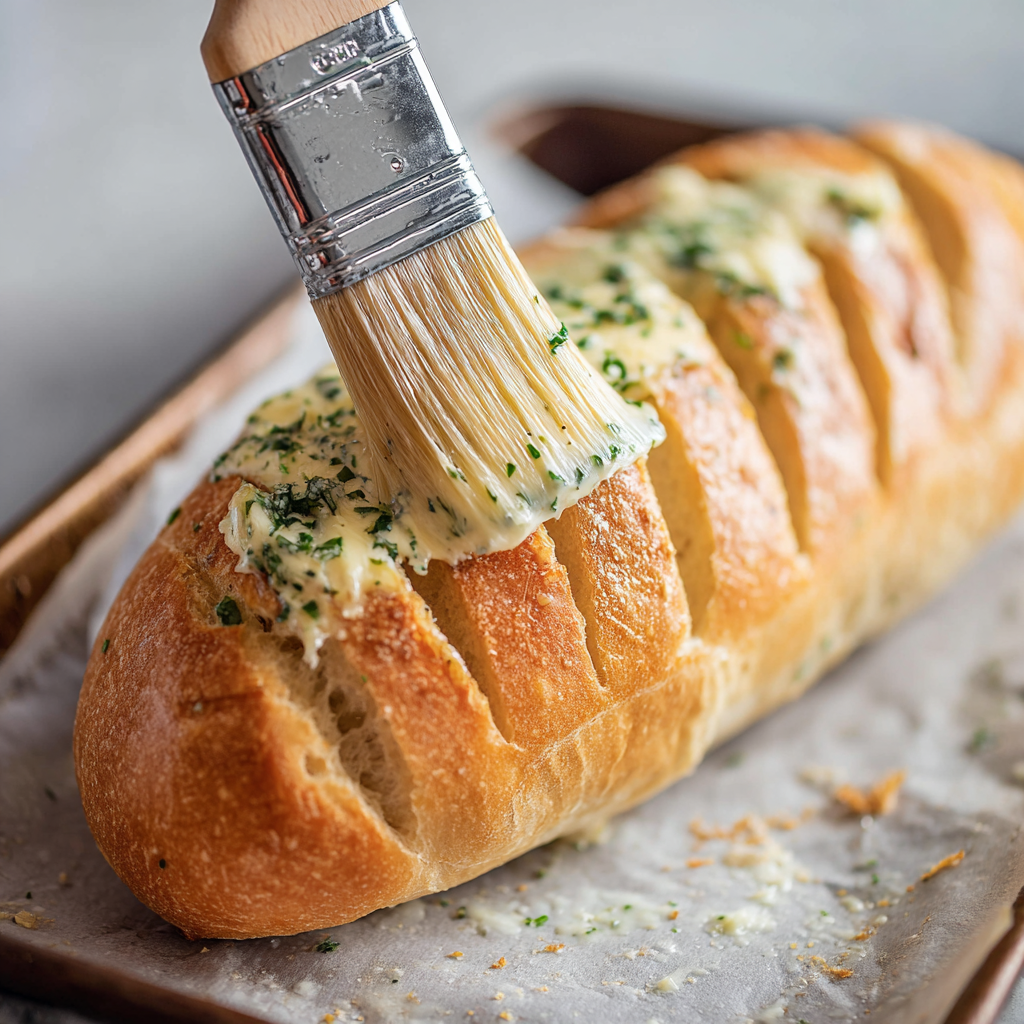 No-Knead Garlic Butter Bread Loaf 7 Brushing butter on baked No-Knead Garlic Butter Bread Loaf