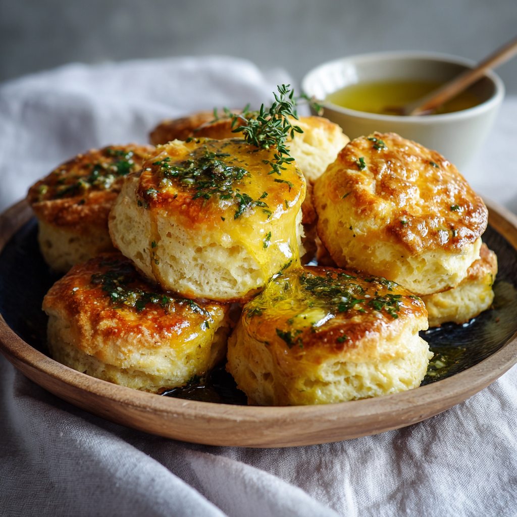 Fresh baked Buttermilk Garlic Butter Biscuits brushed with garlic butter
