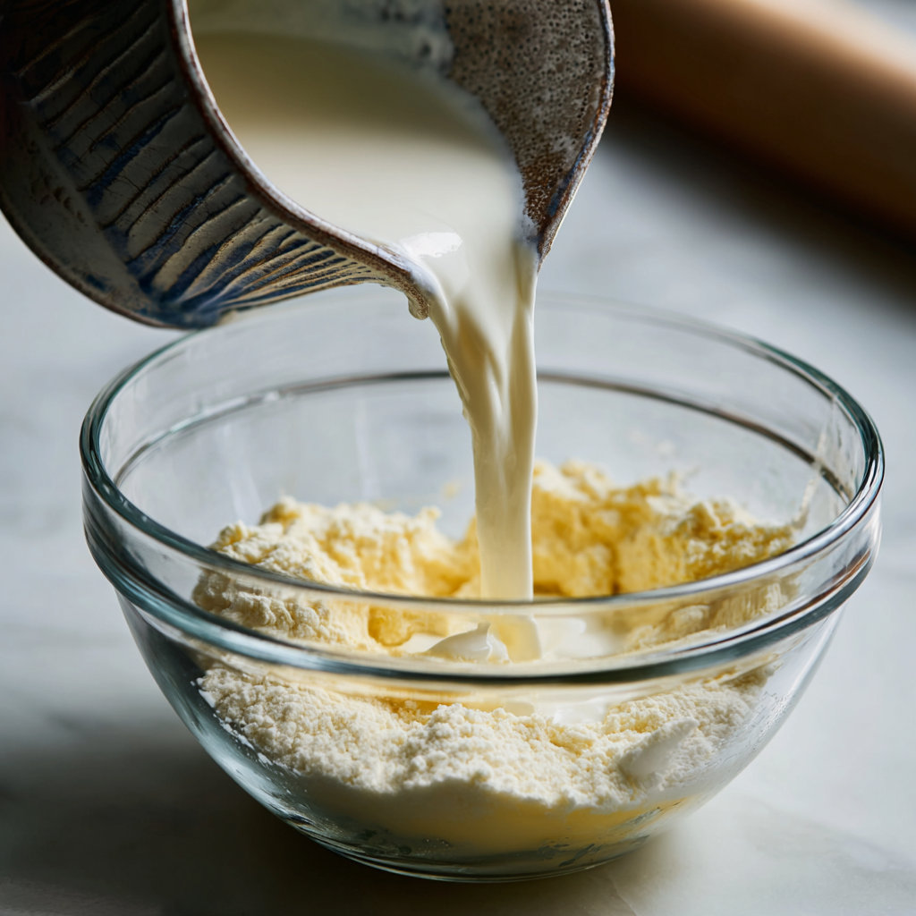 Pouring cold buttermilk for Buttermilk Garlic Butter Biscuits dough