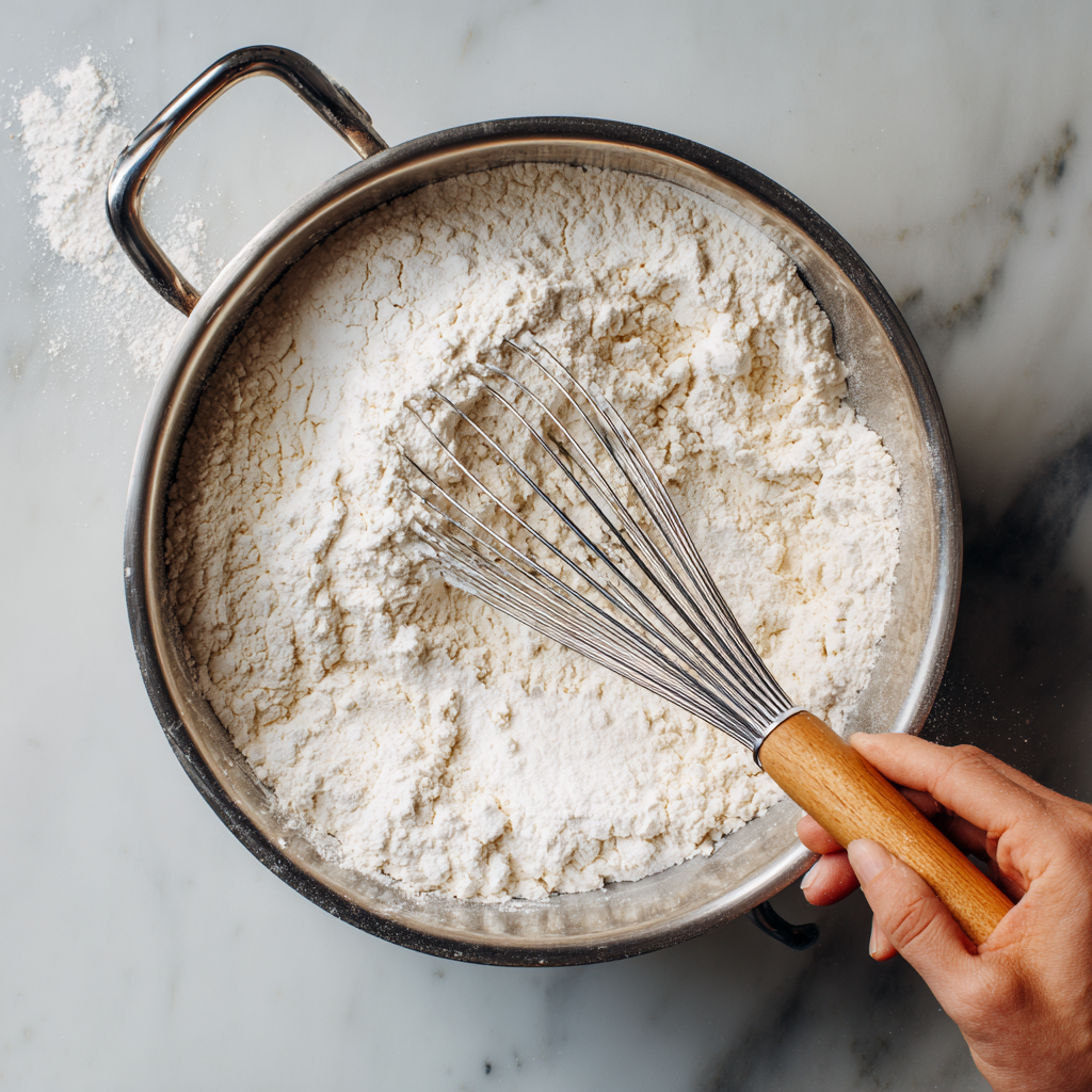 Whisking flour, baking powder, and garlic powder for Buttermilk Garlic Butter Biscuits