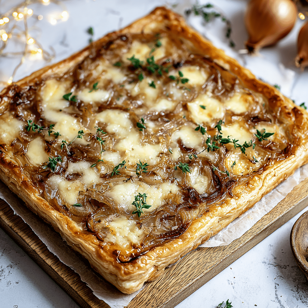 Golden caramelized onion tart with gruyère cheese and thyme