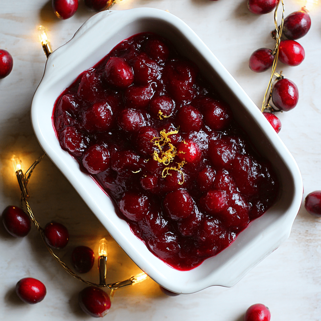 Bright red cranberry sauce with orange zest in a white bowl