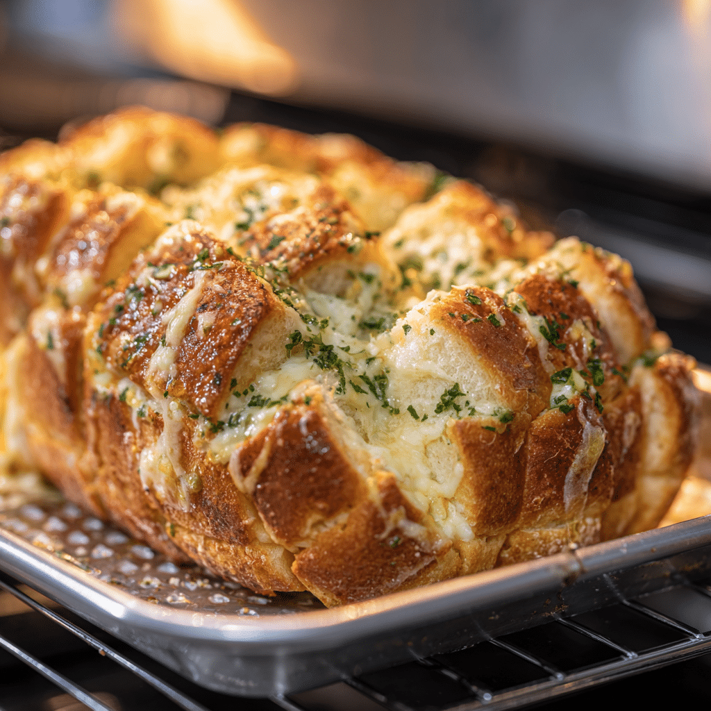 Baking cheesy garlic butter pull-apart bread in oven