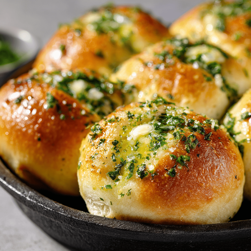 close-up of golden garlic bread rolls with melted butter and herbs