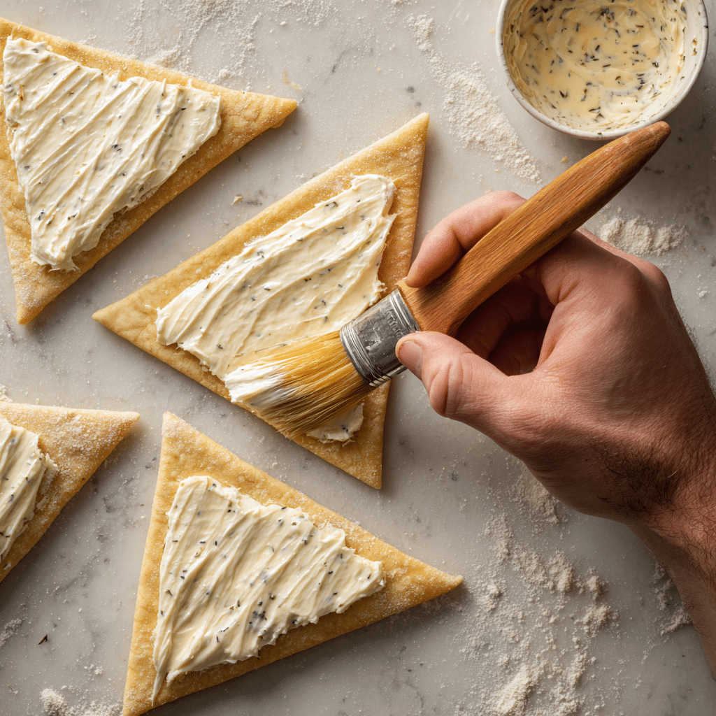 5-Ingredient Garlic Butter Crescent Rolls 7 Brushing garlic butter over crescent dough triangles before rolling
