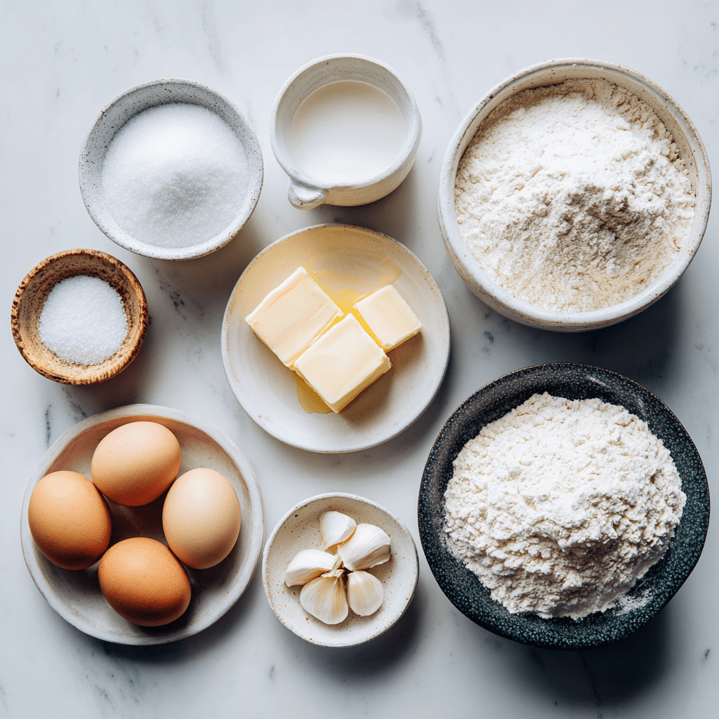 top view of ingredients for garlic bread rolls including flour, milk, yeast, garlic, and butter