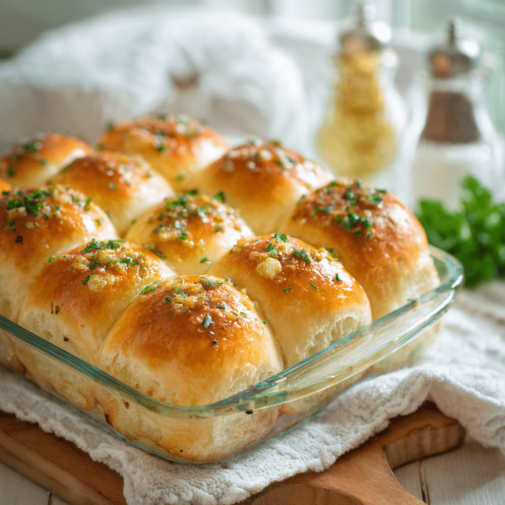 freshly baked garlic bread rolls brushed with melted butter and herbs