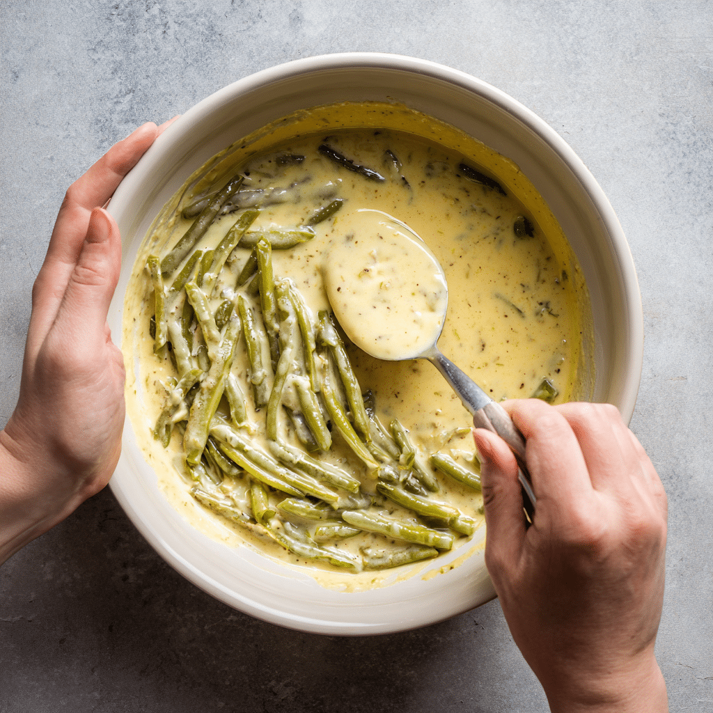 Mixing creamy sauce for Classic Southern Green Bean Casserole