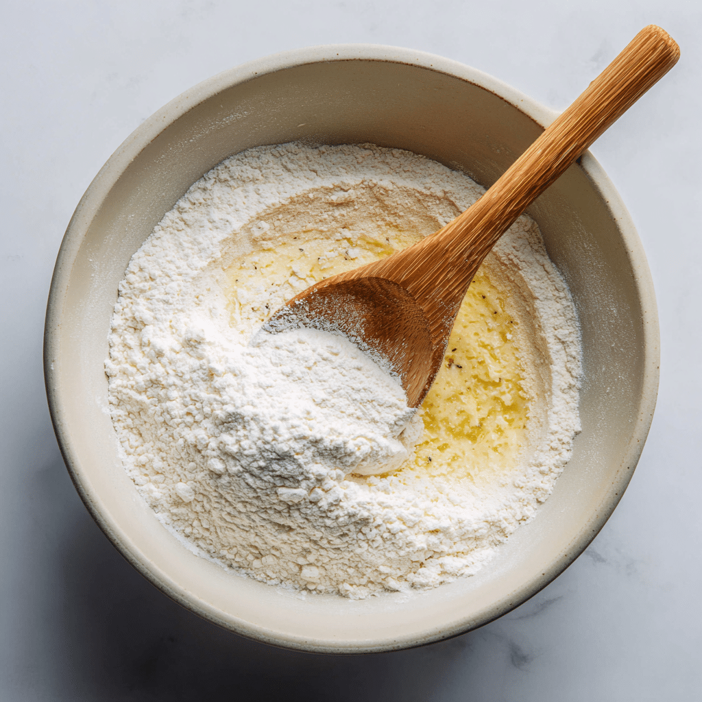 Mixing warm milk, sugar, and yeast in a bowl for Herb Garlic Butter Parker House Rolls.