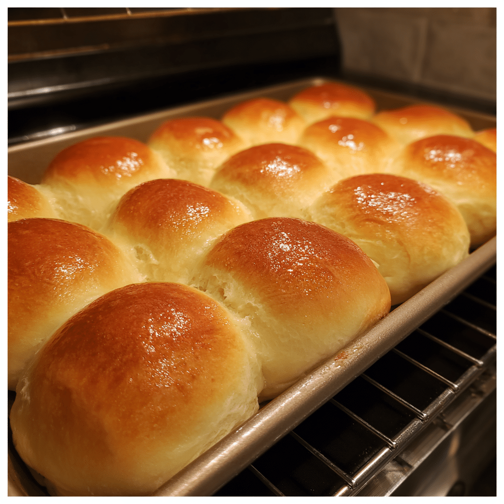 Golden Parker House Rolls baking in the oven until fluffy and brown.