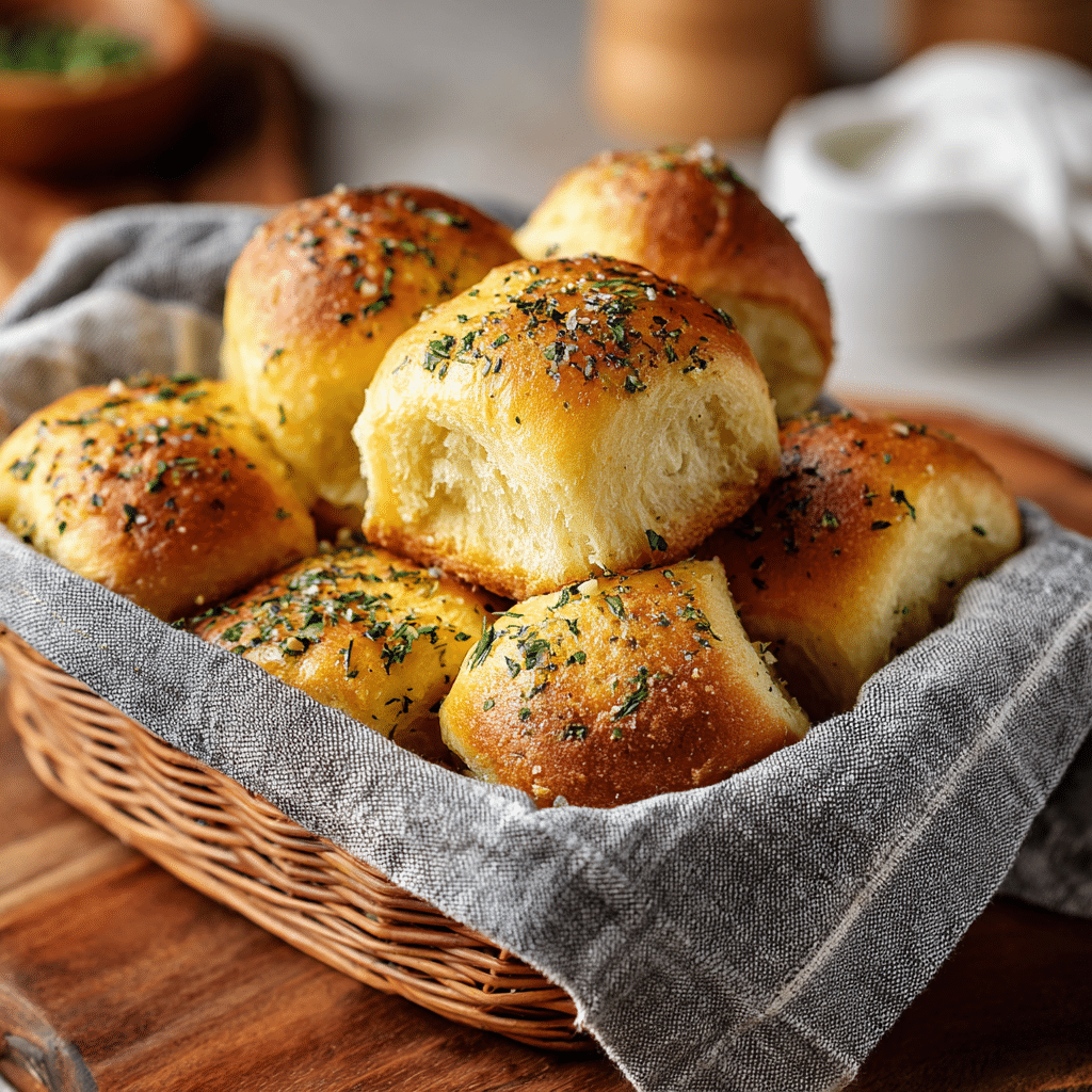 Basket of golden Herb Garlic Butter Parker House Rolls ready to serve.