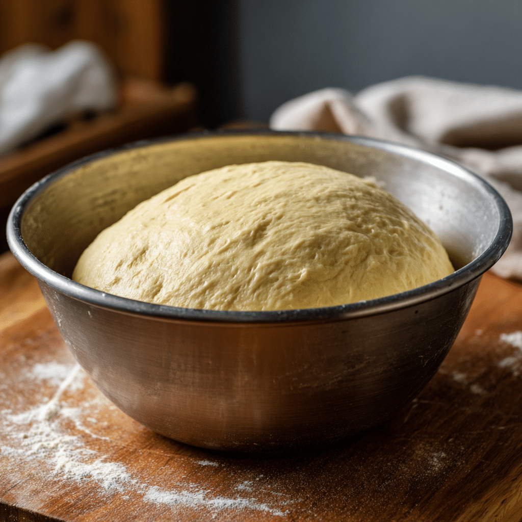 Dough rising in a greased bowl during first proof for Parker House Rolls.