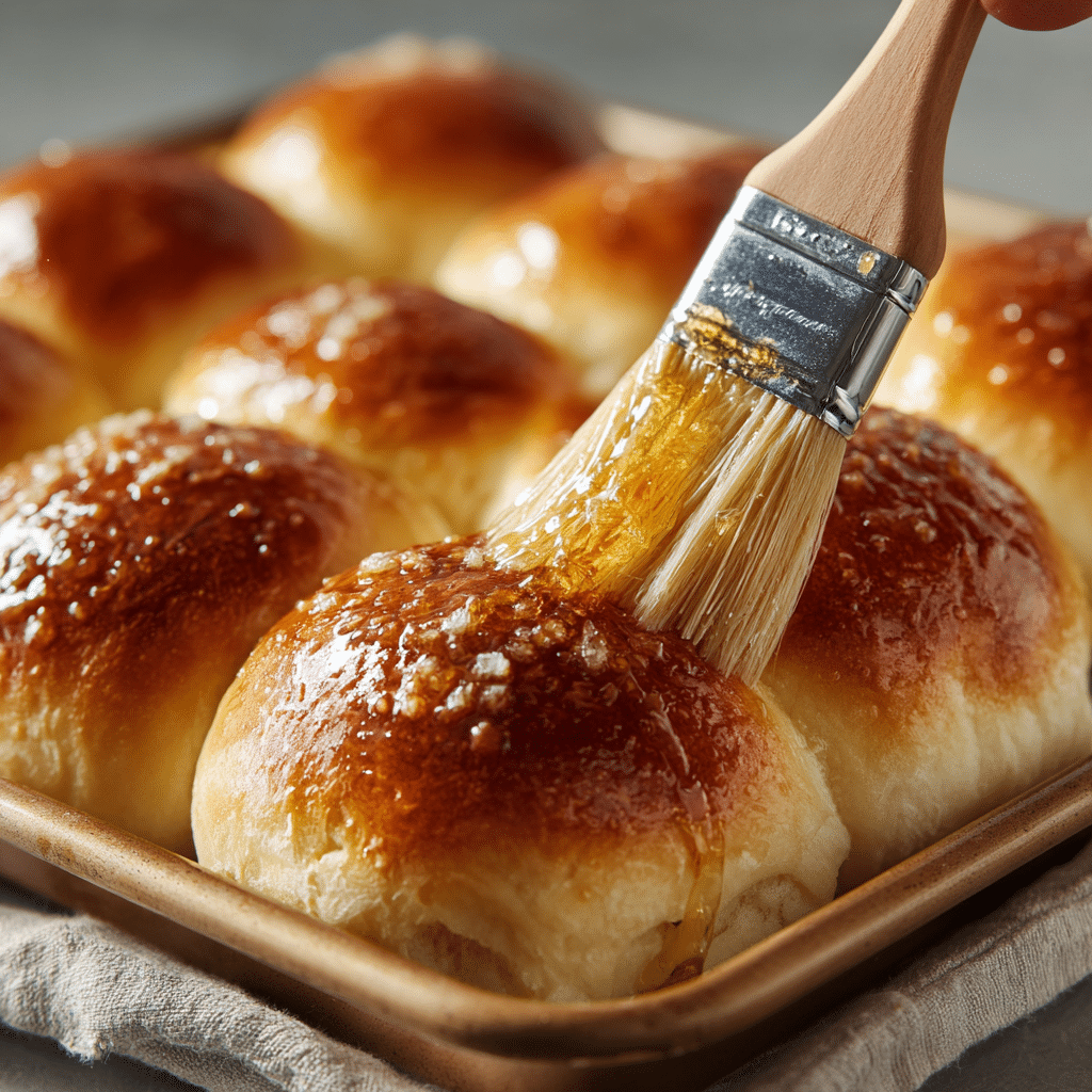 Honey Garlic Butter Brioche Rolls 11 Brushing warm brioche rolls with honey garlic butter
