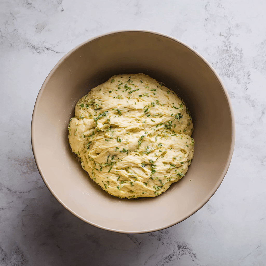 Dough rising in bowl for pull-apart garlic bread