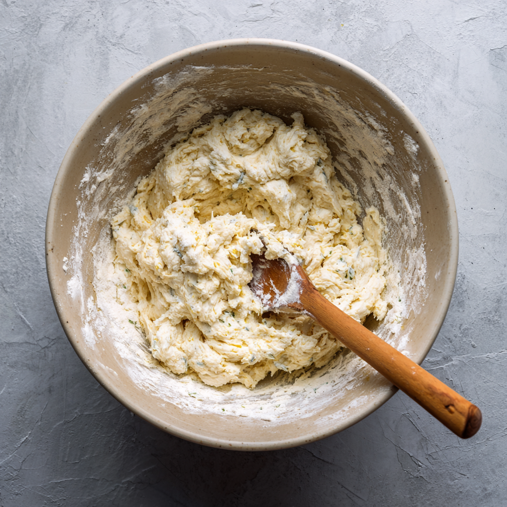 No-Knead Garlic Butter Bread Loaf 5 Mixing ingredients for No-Knead Garlic Butter Bread Loaf