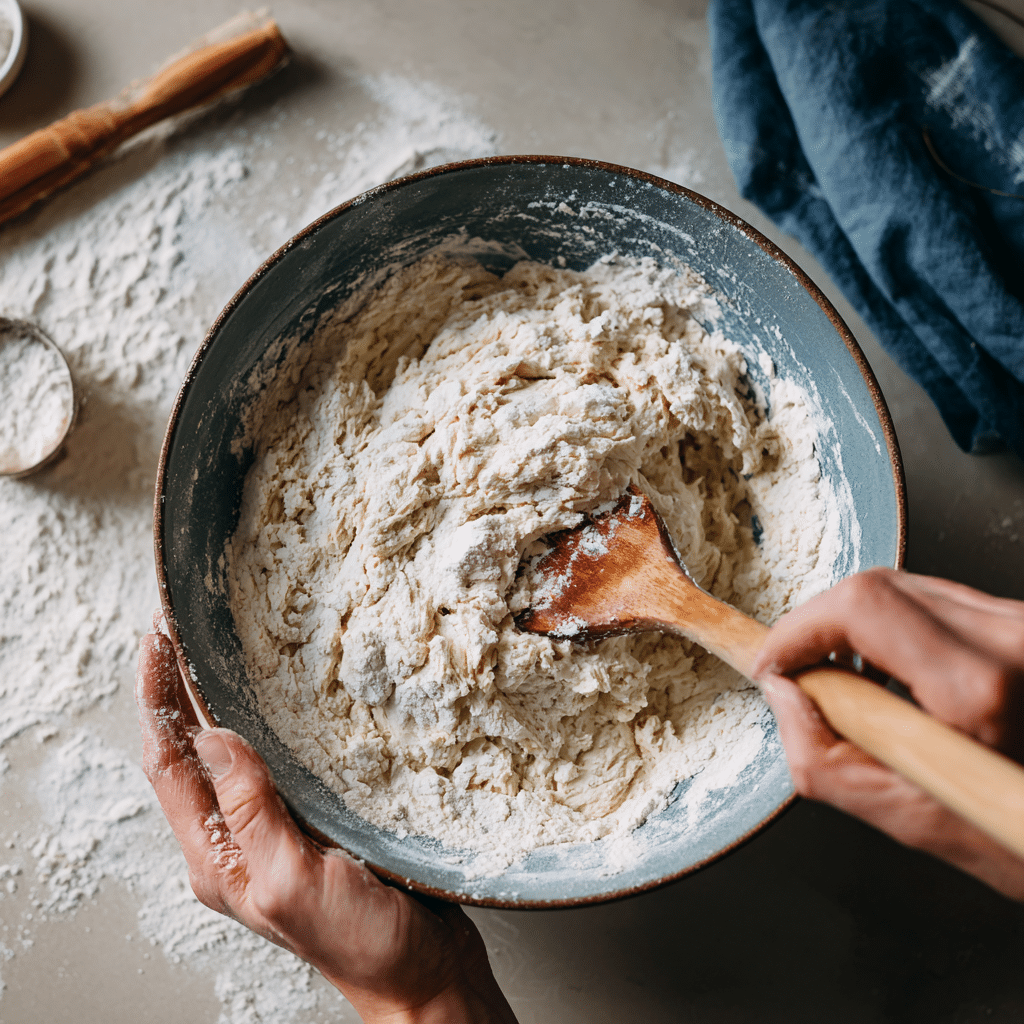 Hands mixing soft bread dough for Homemade Garlic Butter Breadsticks in a ceramic bowl on a floured countertop.