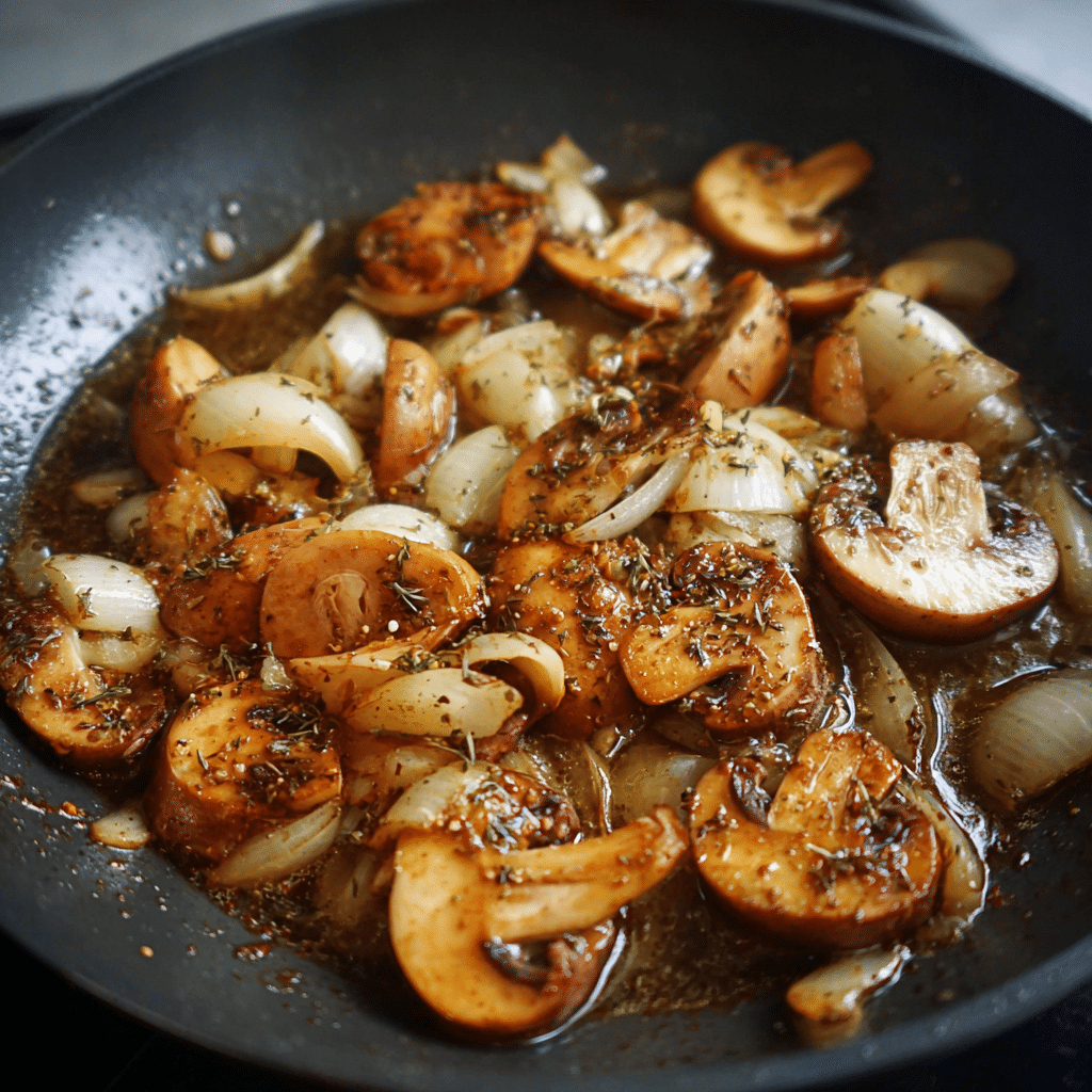 Mixing beans with creamy mushroom sauce