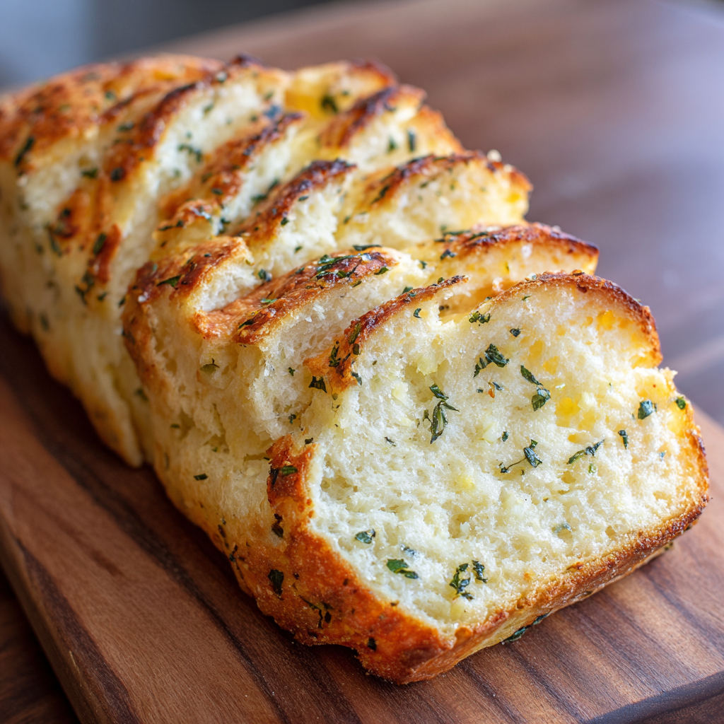 Finished No-Knead Garlic Butter Bread Loaf sliced and ready to serve