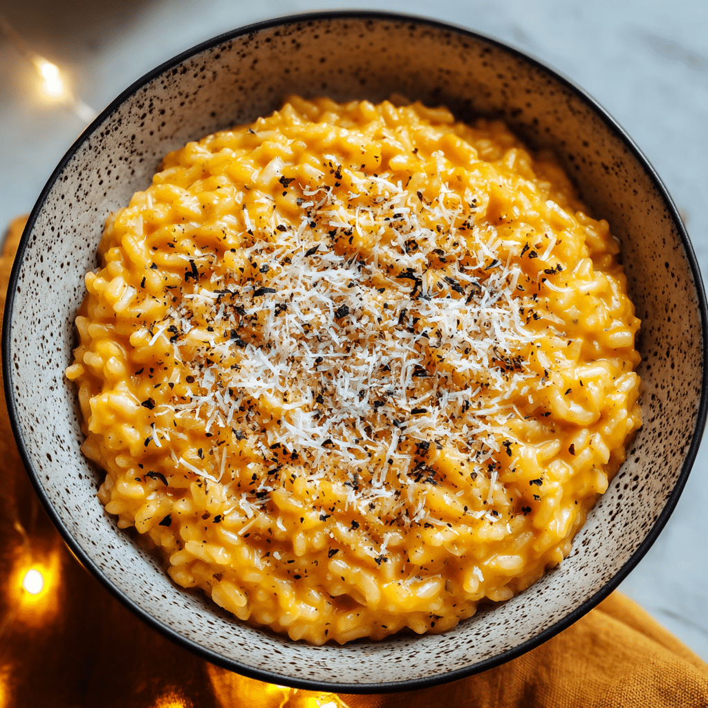 Creamy pumpkin risotto garnished with parmesan and herbs