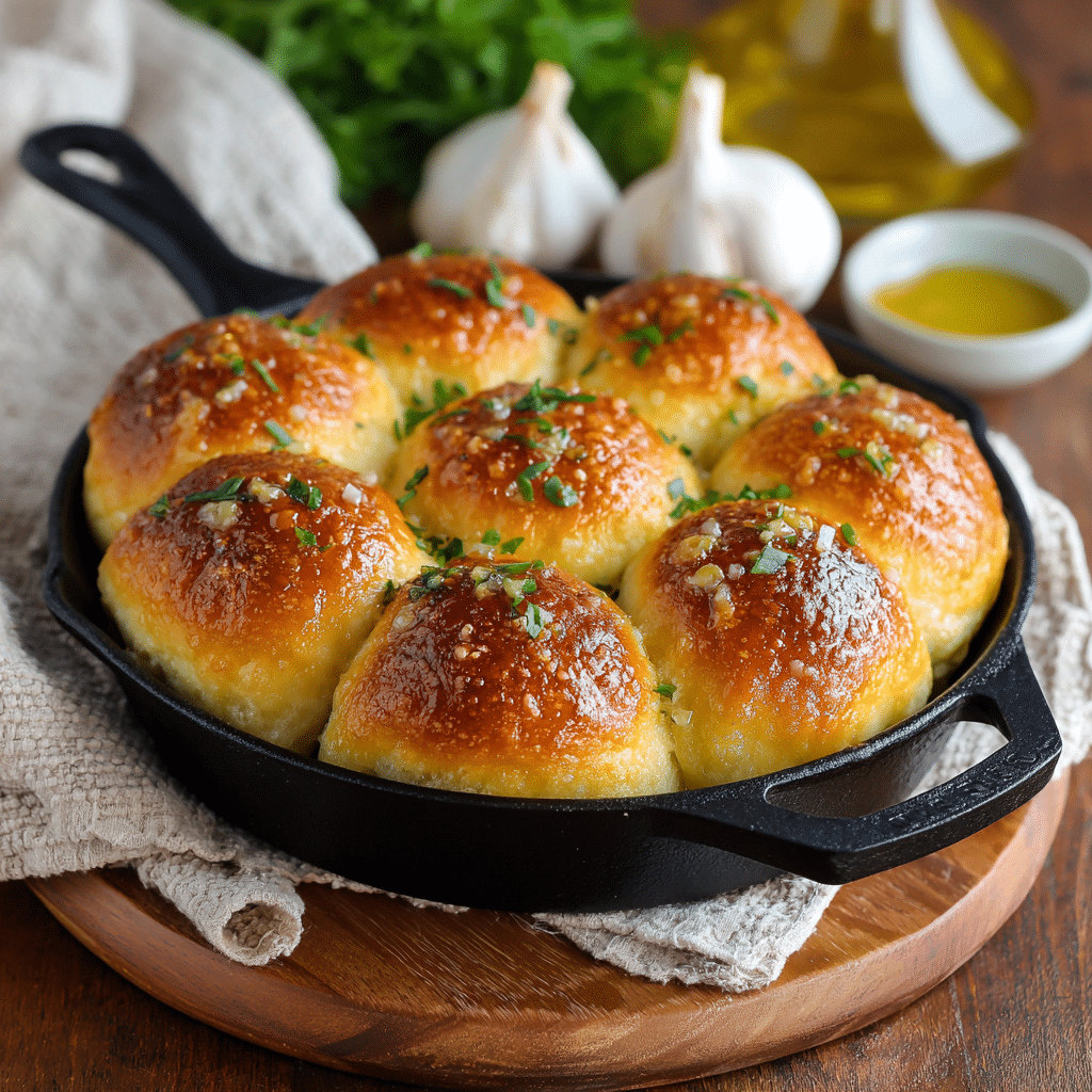 Fresh skillet garlic butter dinner rolls served on a wooden board.
