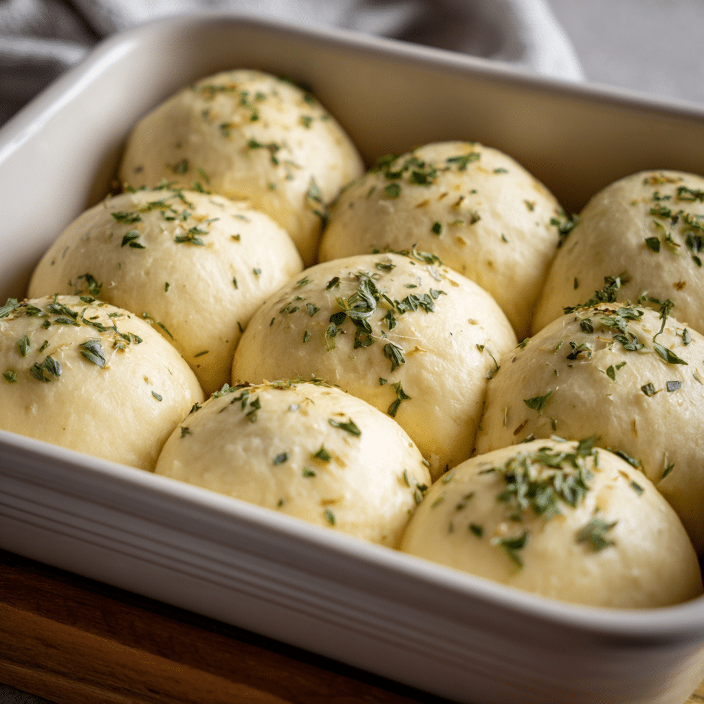 hands rolling small dough balls for garlic dinner rolls