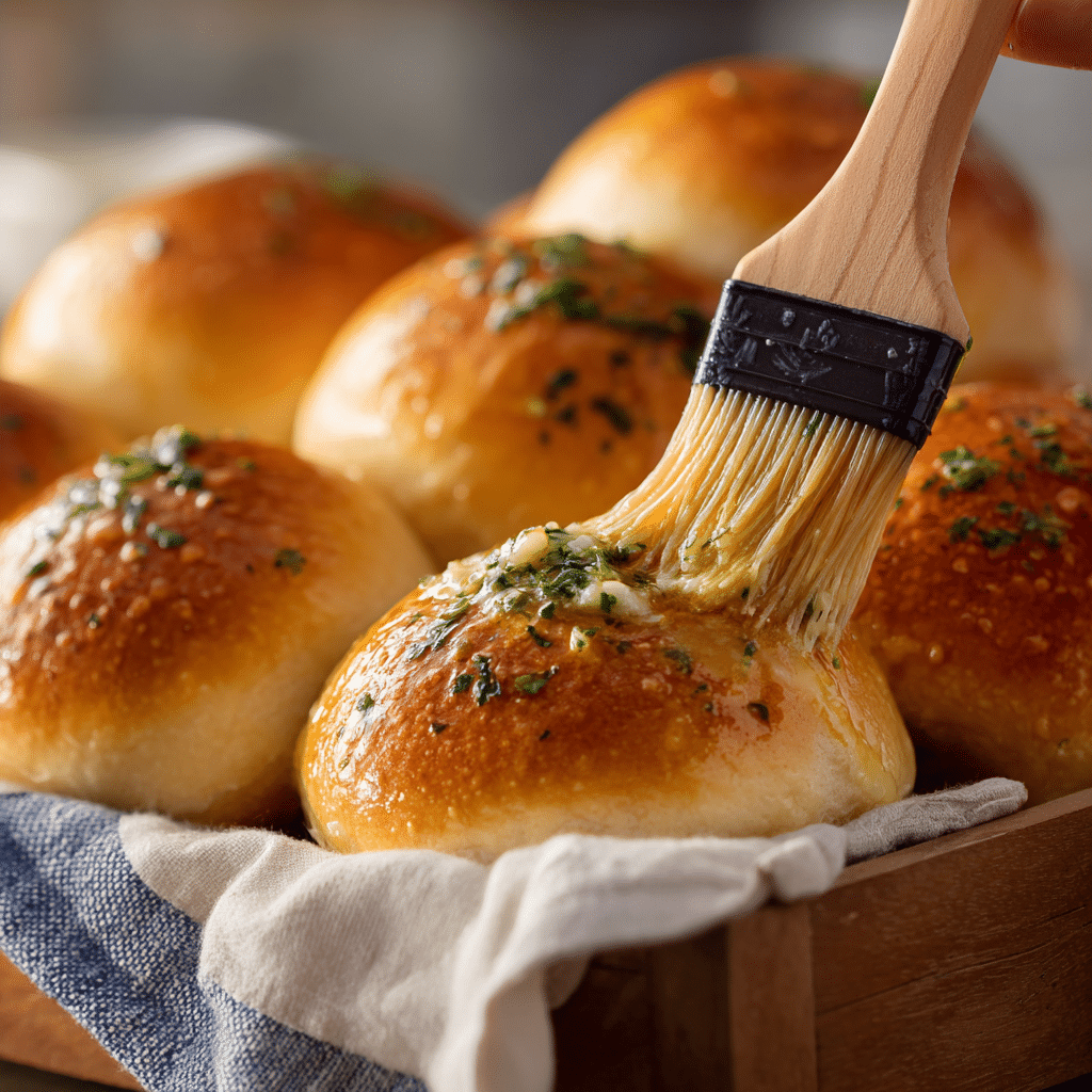 Brushing freshly baked dinner rolls with melted garlic butter.