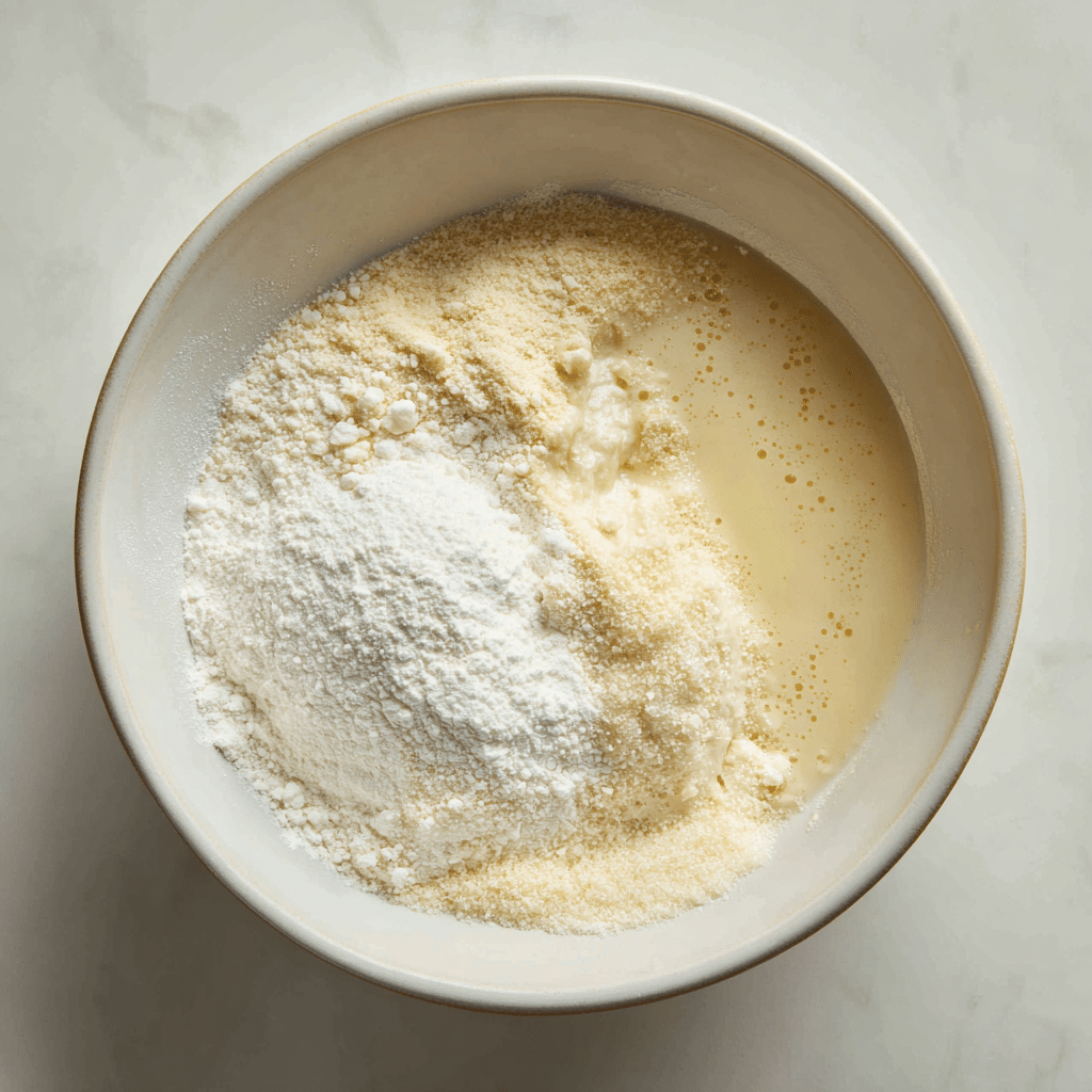 Mixing yeast, sugar, and warm milk in a bowl to activate for skillet garlic butter dinner rolls.