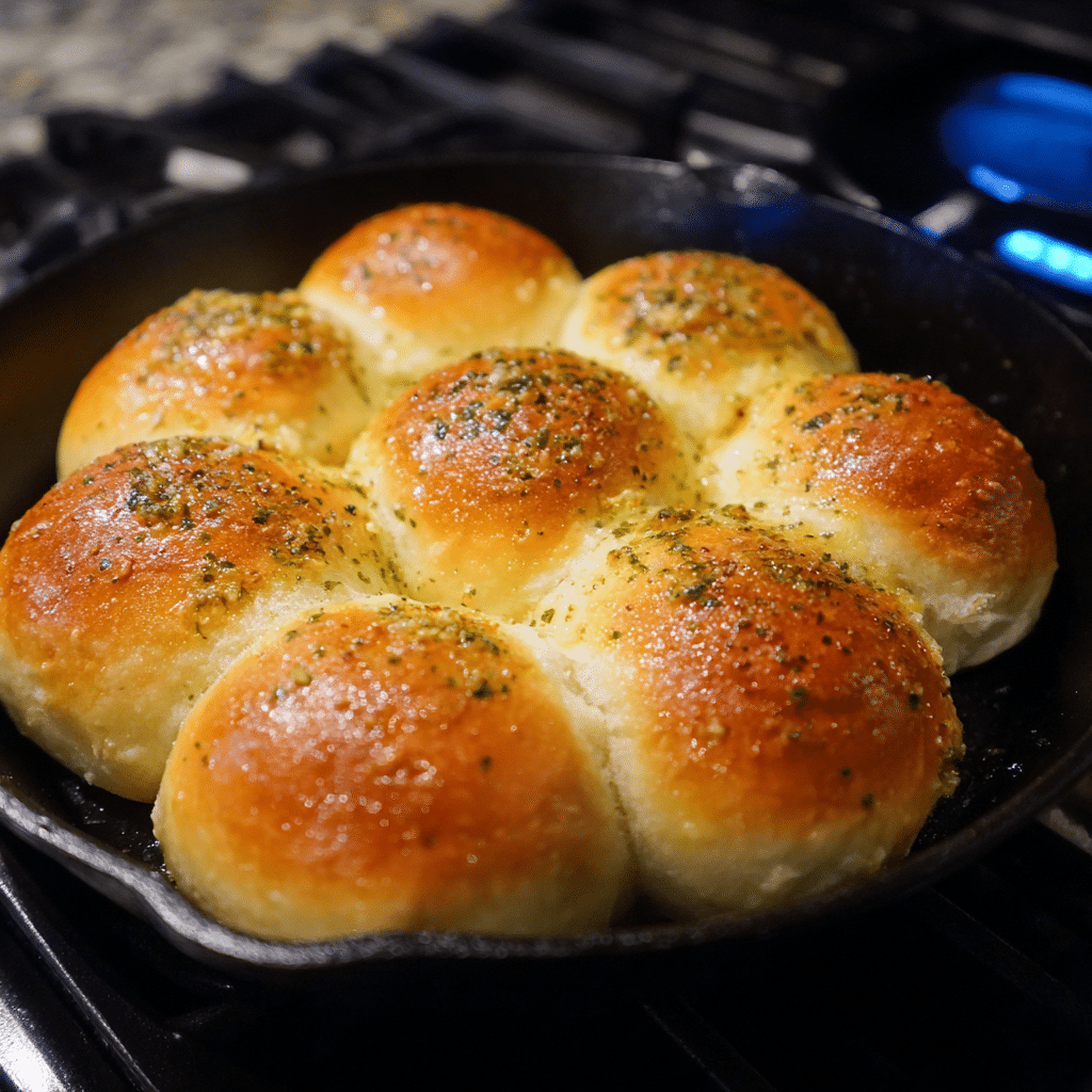 Golden-brown garlic butter rolls baking in a hot oven skillet.